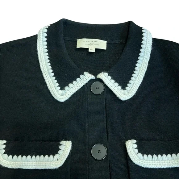 Sézane Betty Cardigan Black Ecru Crochet Trim Parisian Chic XXL Sz 12 NWOT - Picture 2 of 6
